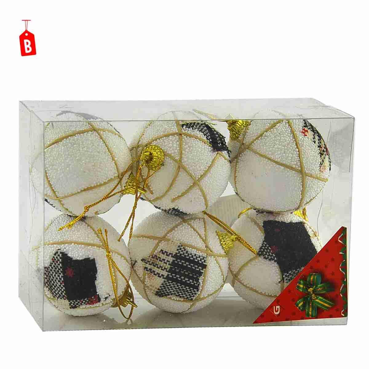 Pallina natalizia bianca decori in tessuto Set 6 pz