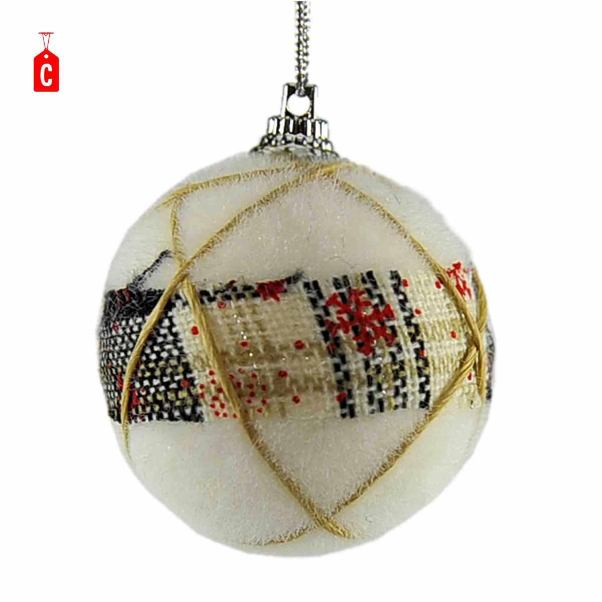 Pallina natalizia bianca decori in tessuto Set 6 pz