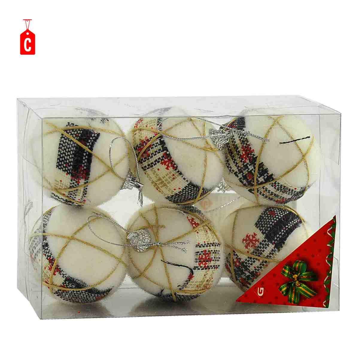 Pallina natalizia bianca decori in tessuto Set 6 pz