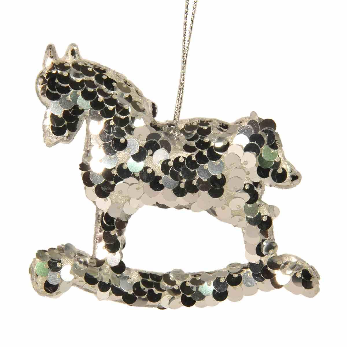 Decorazione natalizia cavalluccio argento paill 9 cm