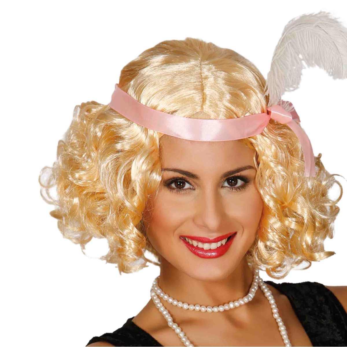 Parrucca charleston bionda mossa fascia piuma rosa