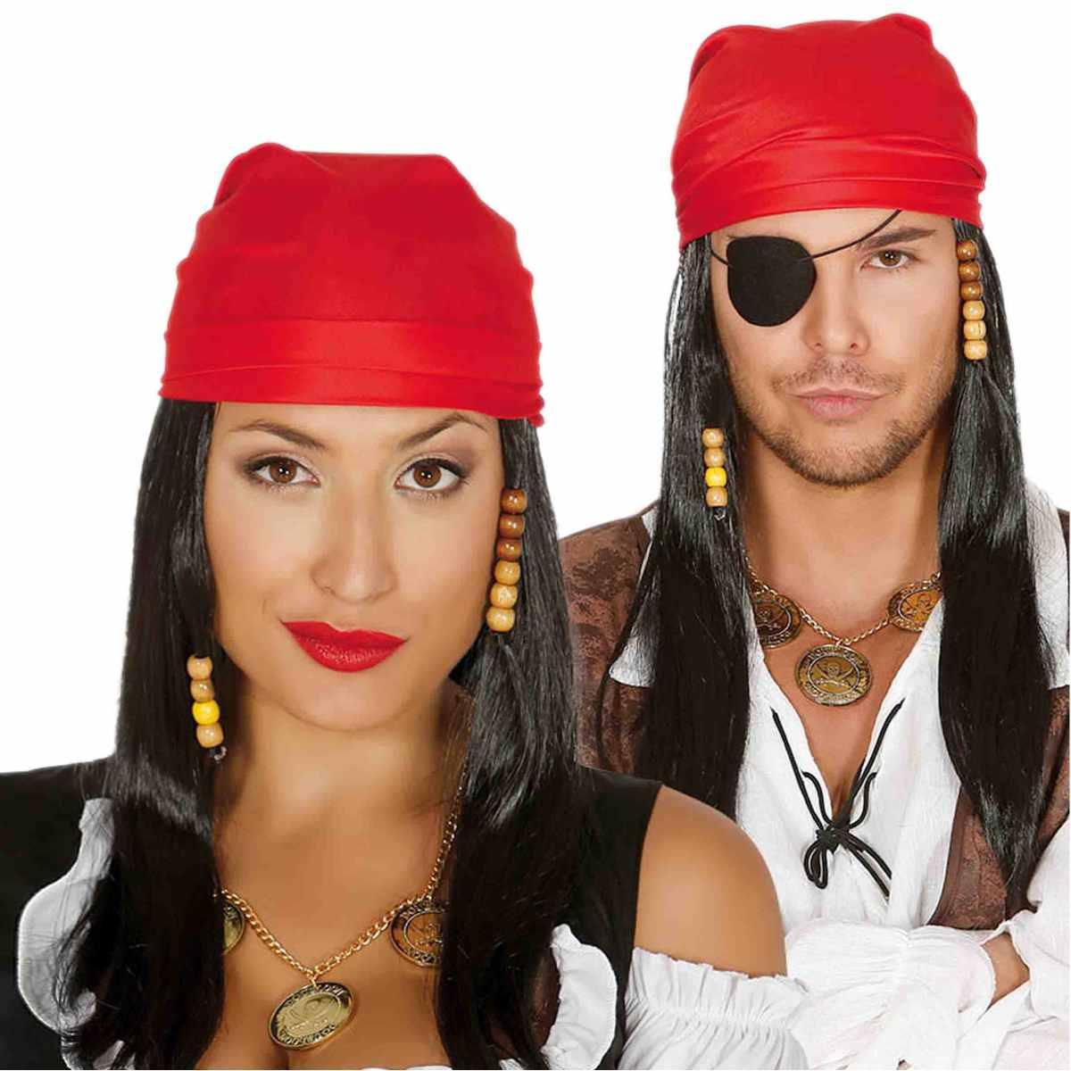 Parrucca pirata nera liscia bandana rossa