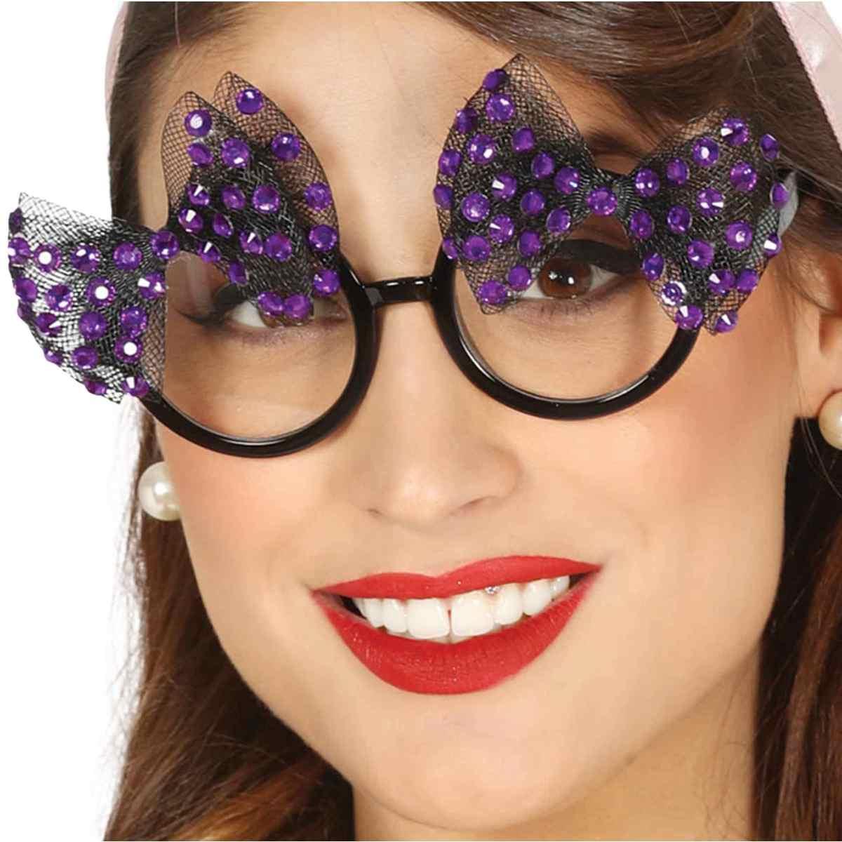Occhiali anni 50 brillantini viola fiocchi