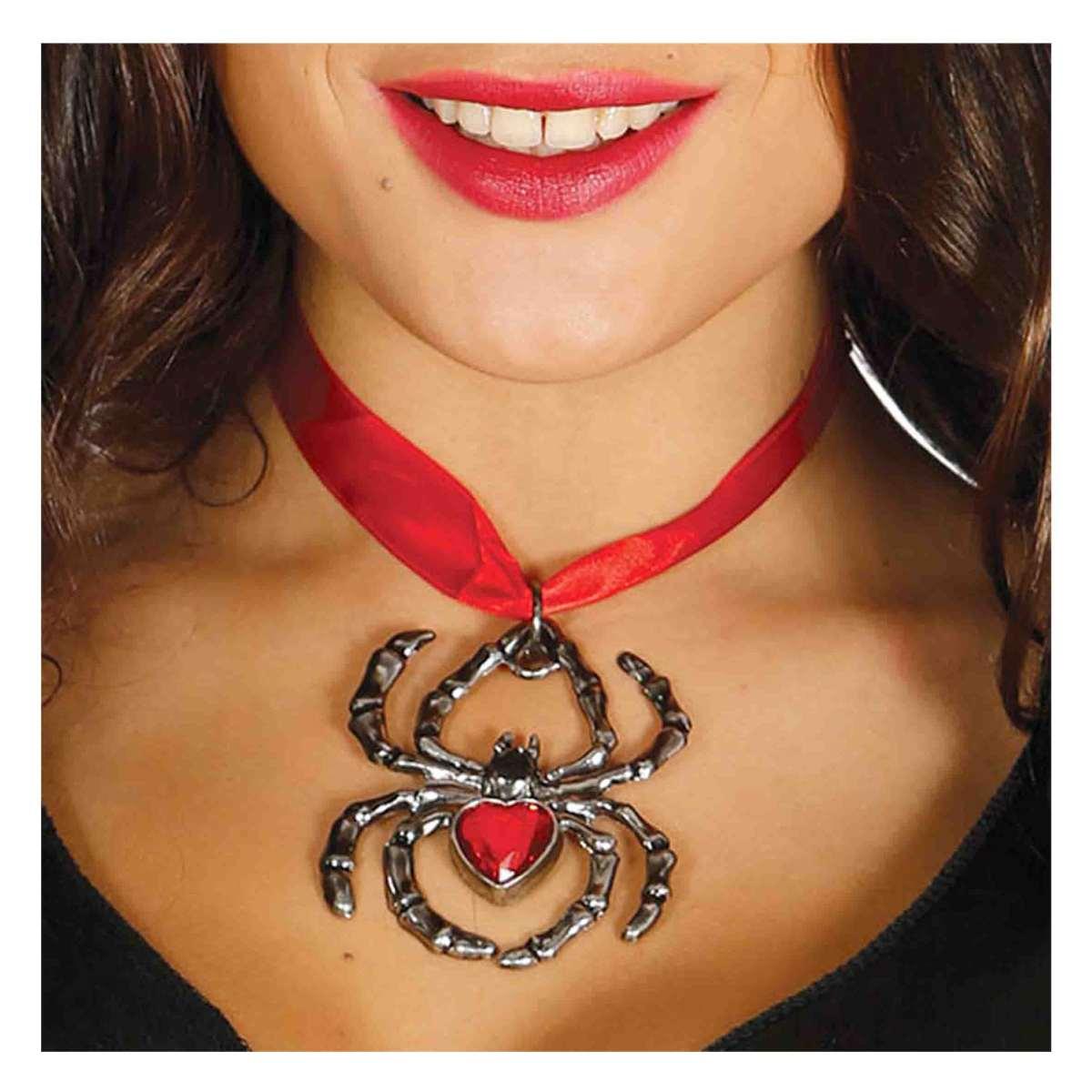 Collana ragno metallo pietra rossa