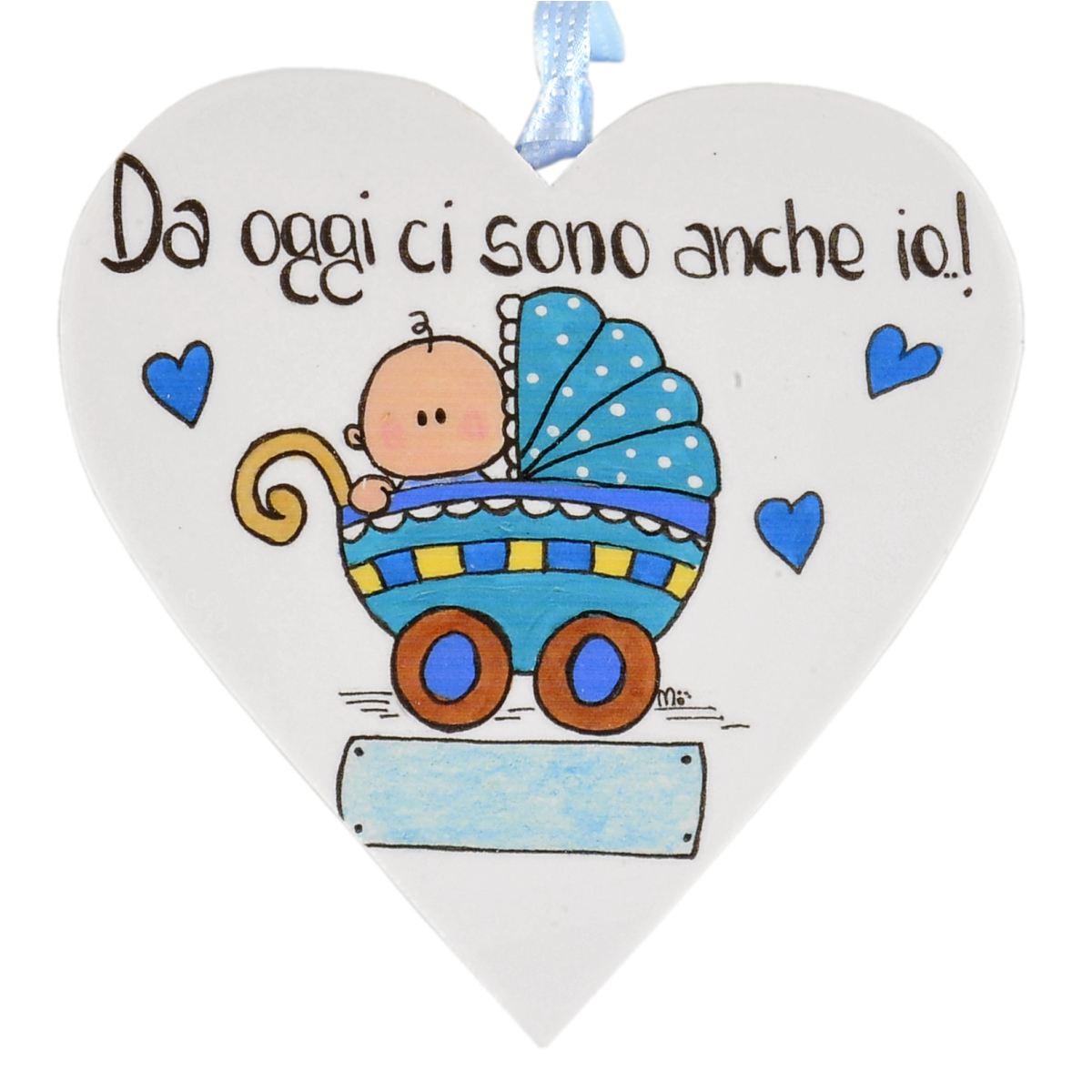 Targa legno cuore culla azzurra 15 cm