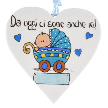Targa legno cuore culla azzurra 15 cm