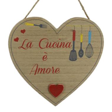Targa legno cucina cuore scritta 16 x 17 cm
