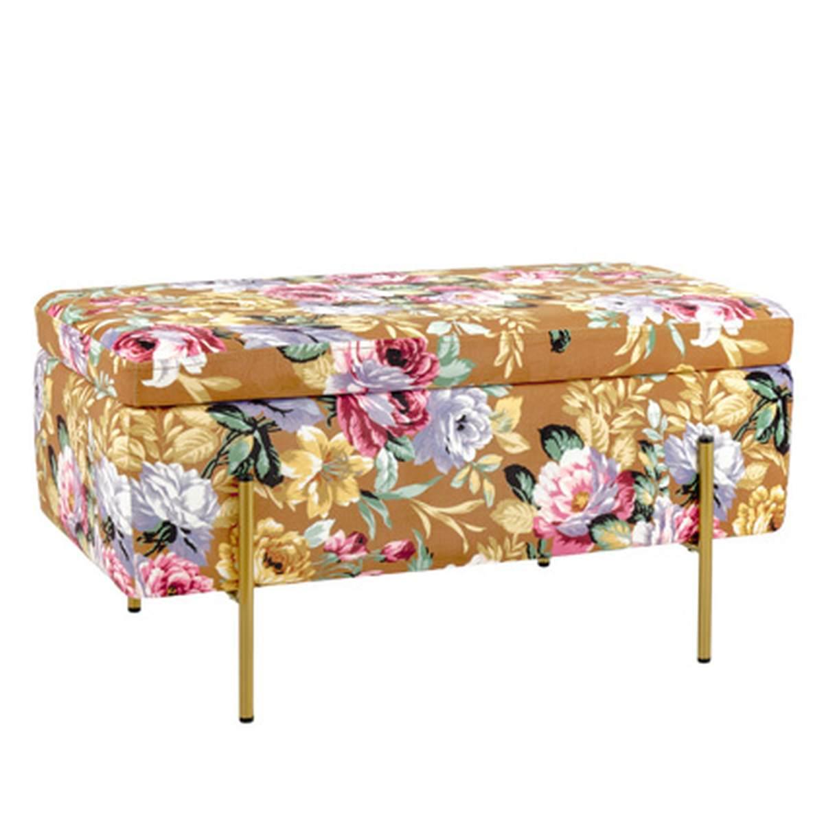 Pouf velluto rettangolare marrone fiori apribile 80 x 40 x 41 cm