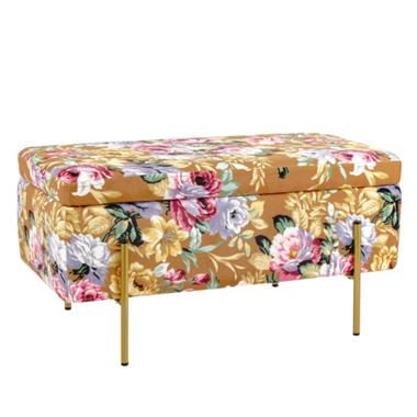 Pouf velluto rettangolare marrone fiori apribile 80 x 40 x 41 cm