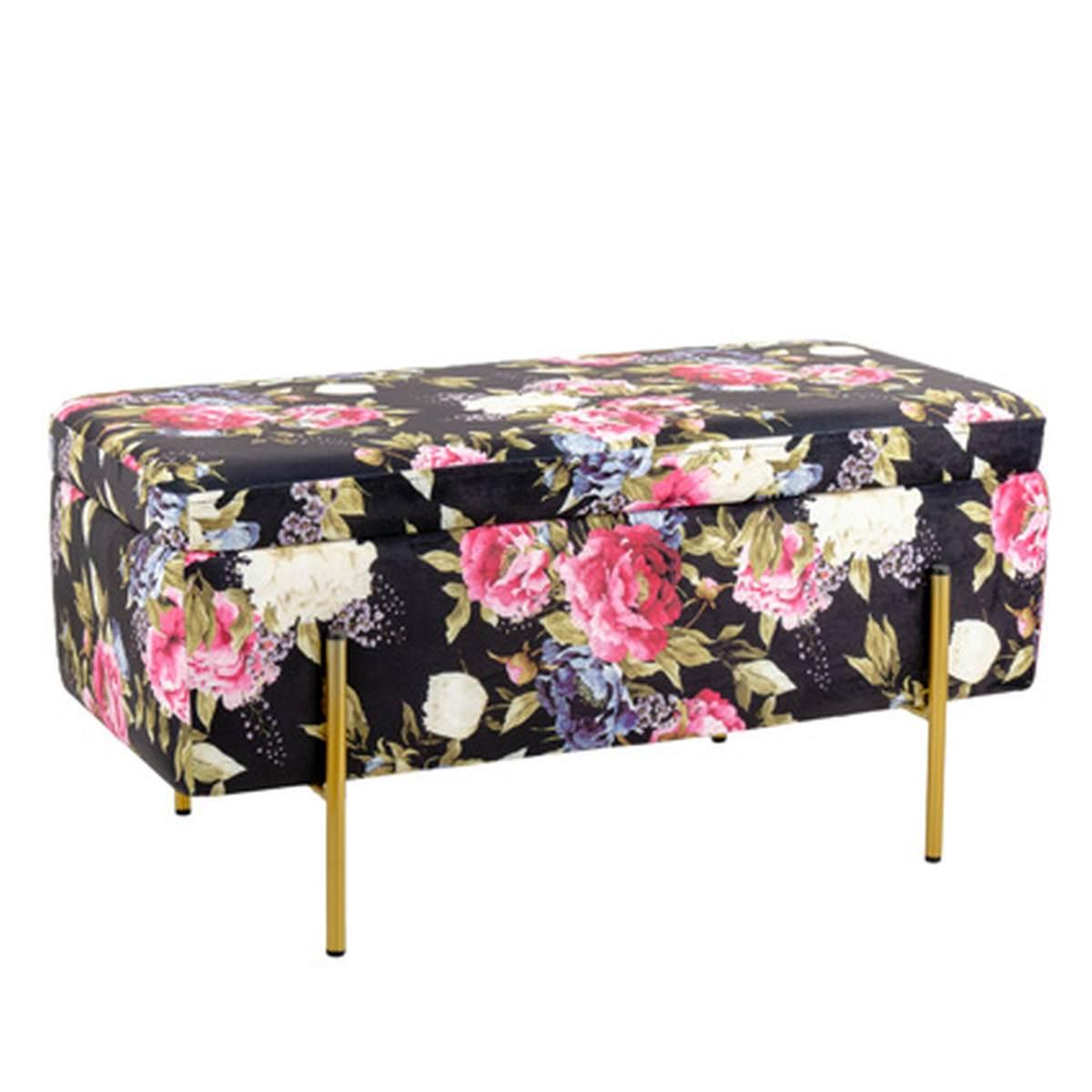 Pouf velluto rettangolare nero fiori apribile 80 x 40 x 41 cm
