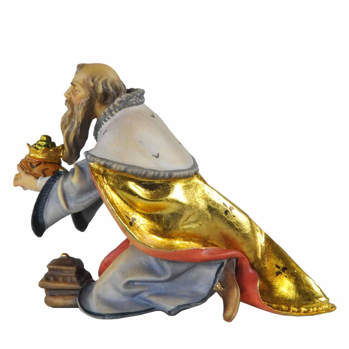 Statua presepe 15 cm scultura in legno re magio melchiorre in ginocchio