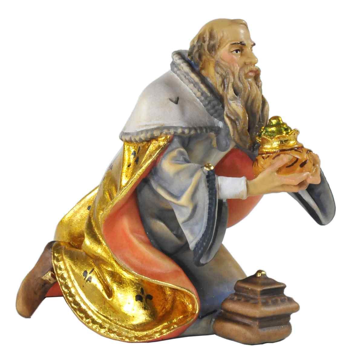 Statua presepe 15 cm scultura in legno re magio melchiorre in ginocchio