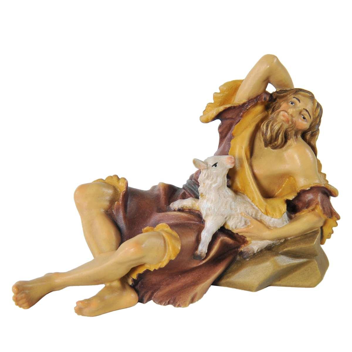 Statua presepe 15 cm scultura in legno pastore sdraiato agnello
