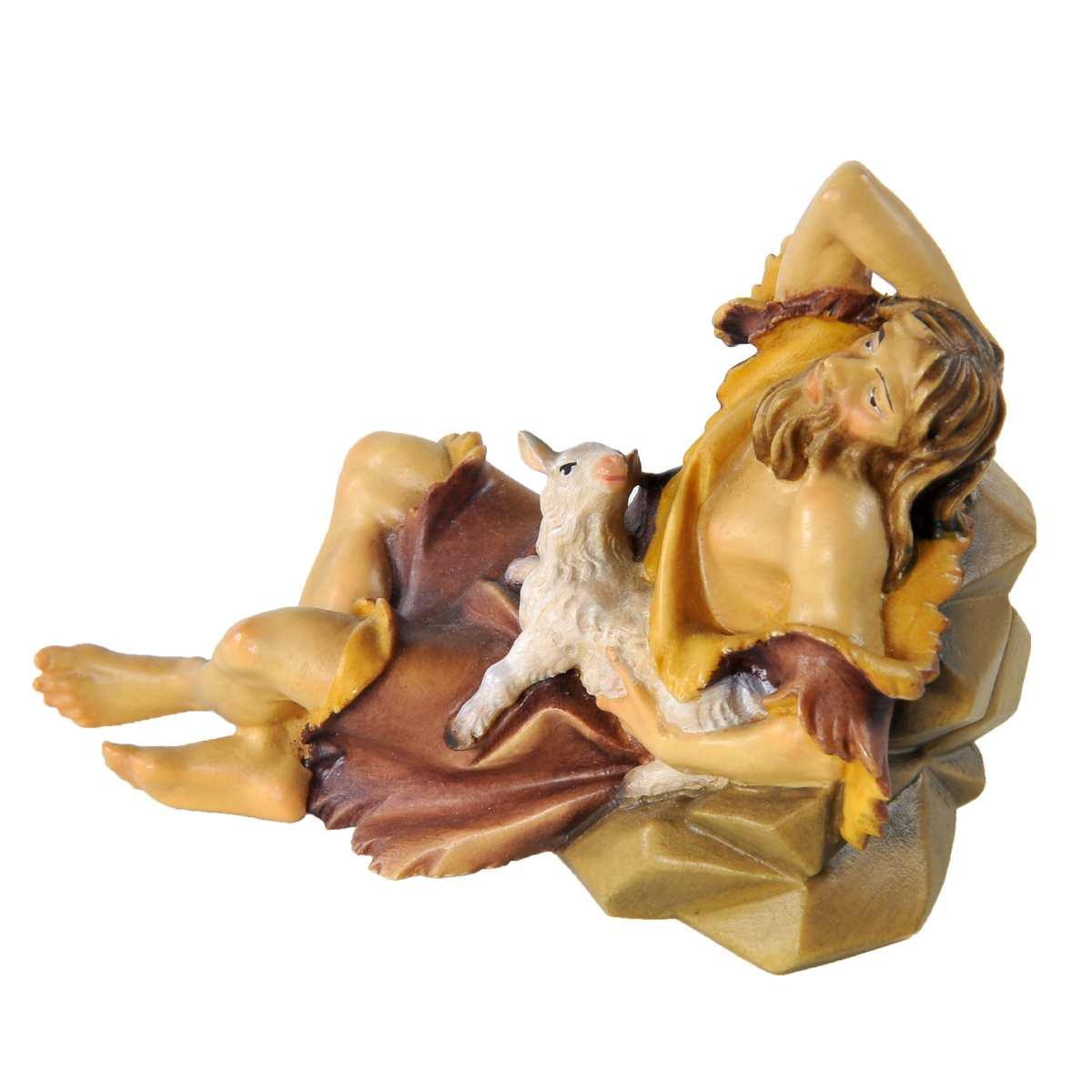Statua presepe 15 cm scultura in legno pastore sdraiato agnello
