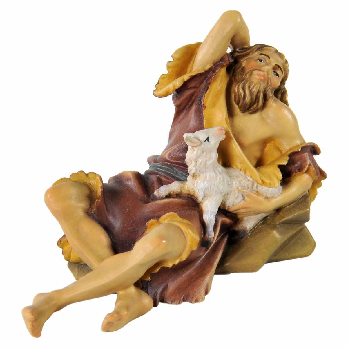 Statua presepe 15 cm scultura in legno pastore sdraiato agnello