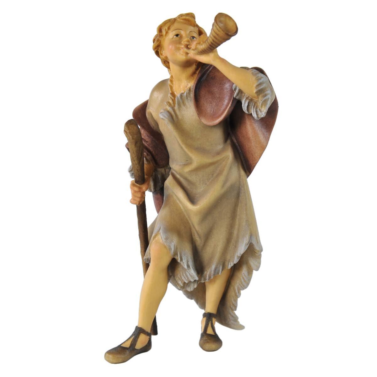 Statua presepe 15 cm scultura in legno pastore corno bastone