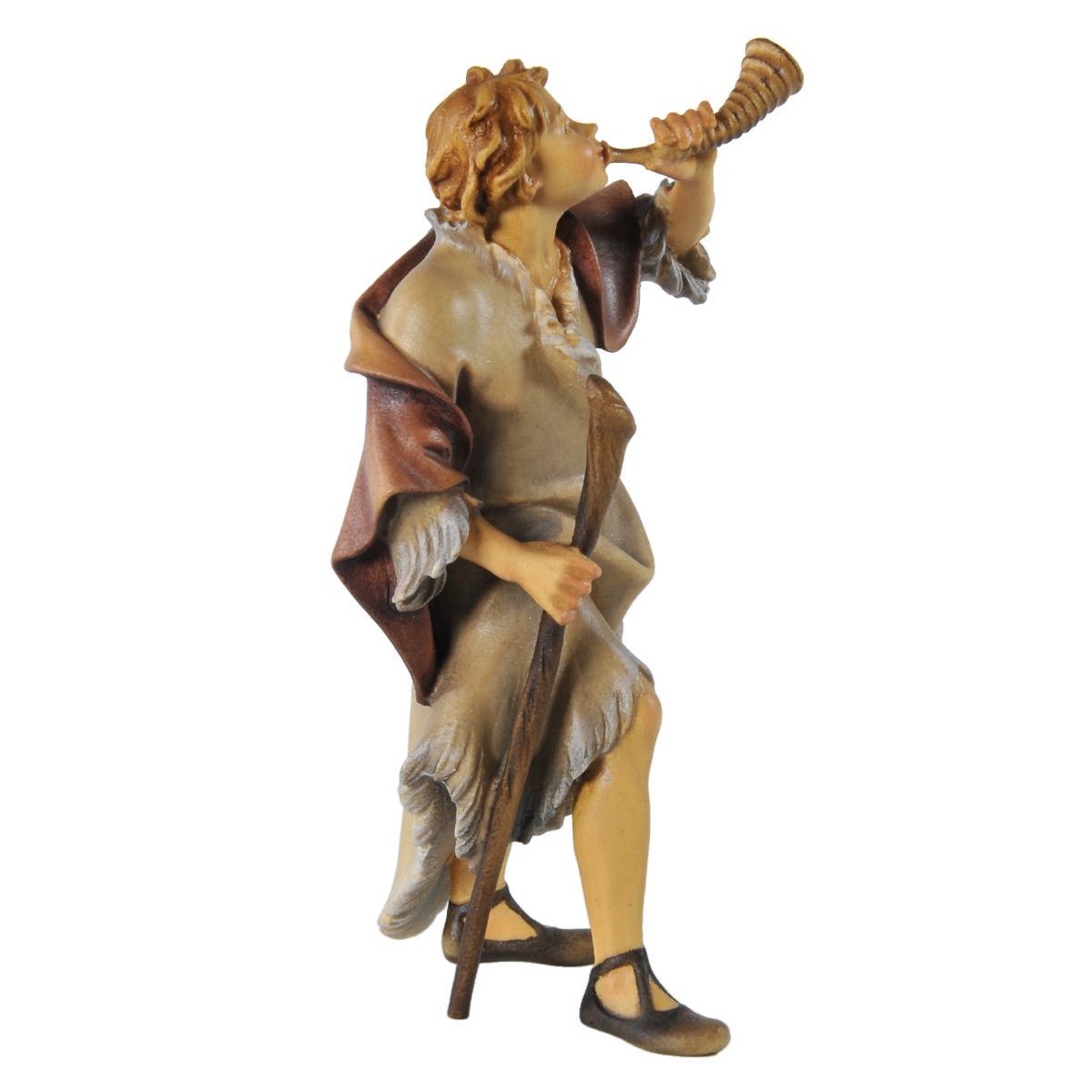 Statua presepe 15 cm scultura in legno pastore corno bastone