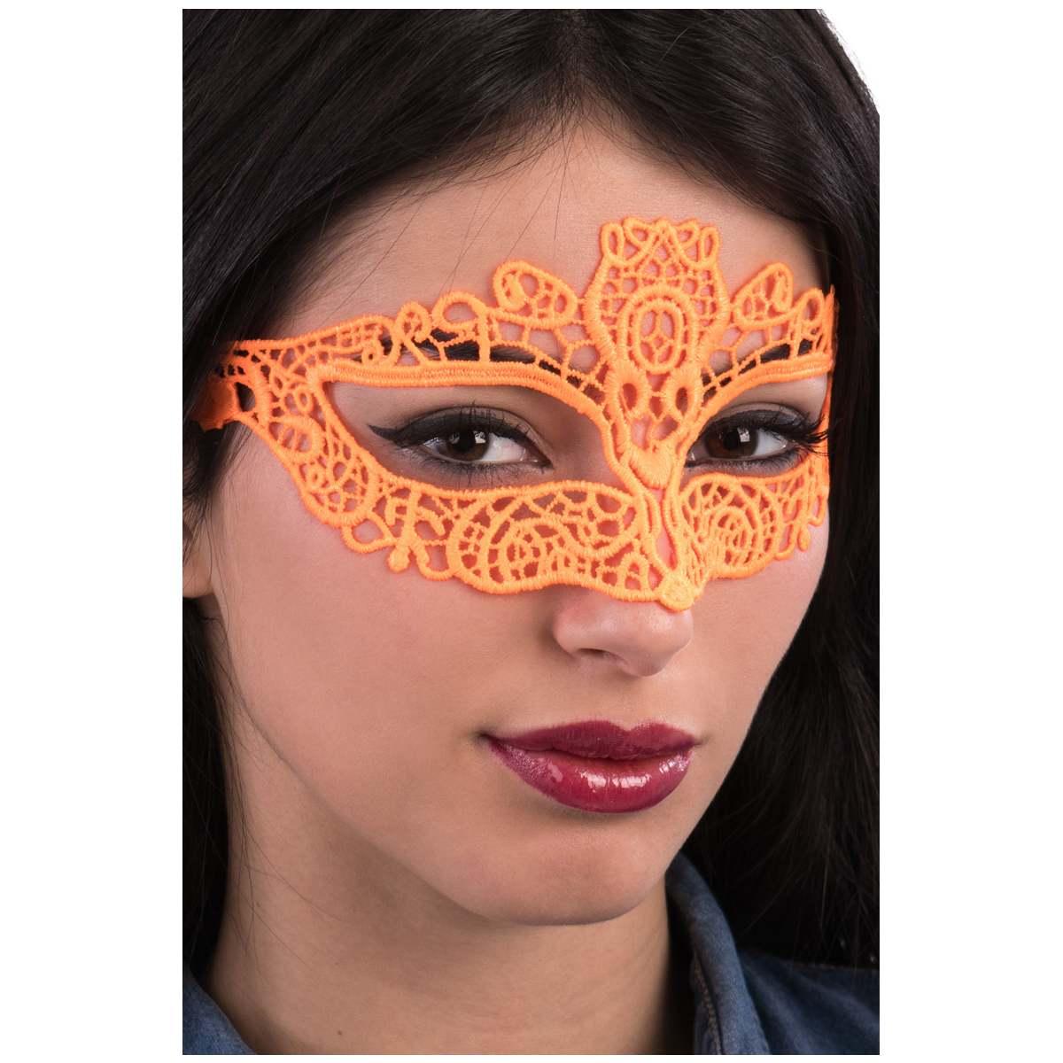 Maschera viso cartapesta tessuto macrame arancione fluo