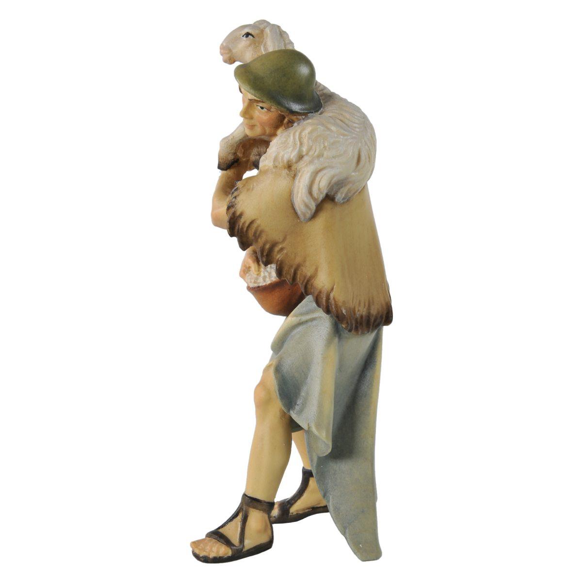 Statua presepe 15 cm scultura in legno pastore pecora sulle spalle