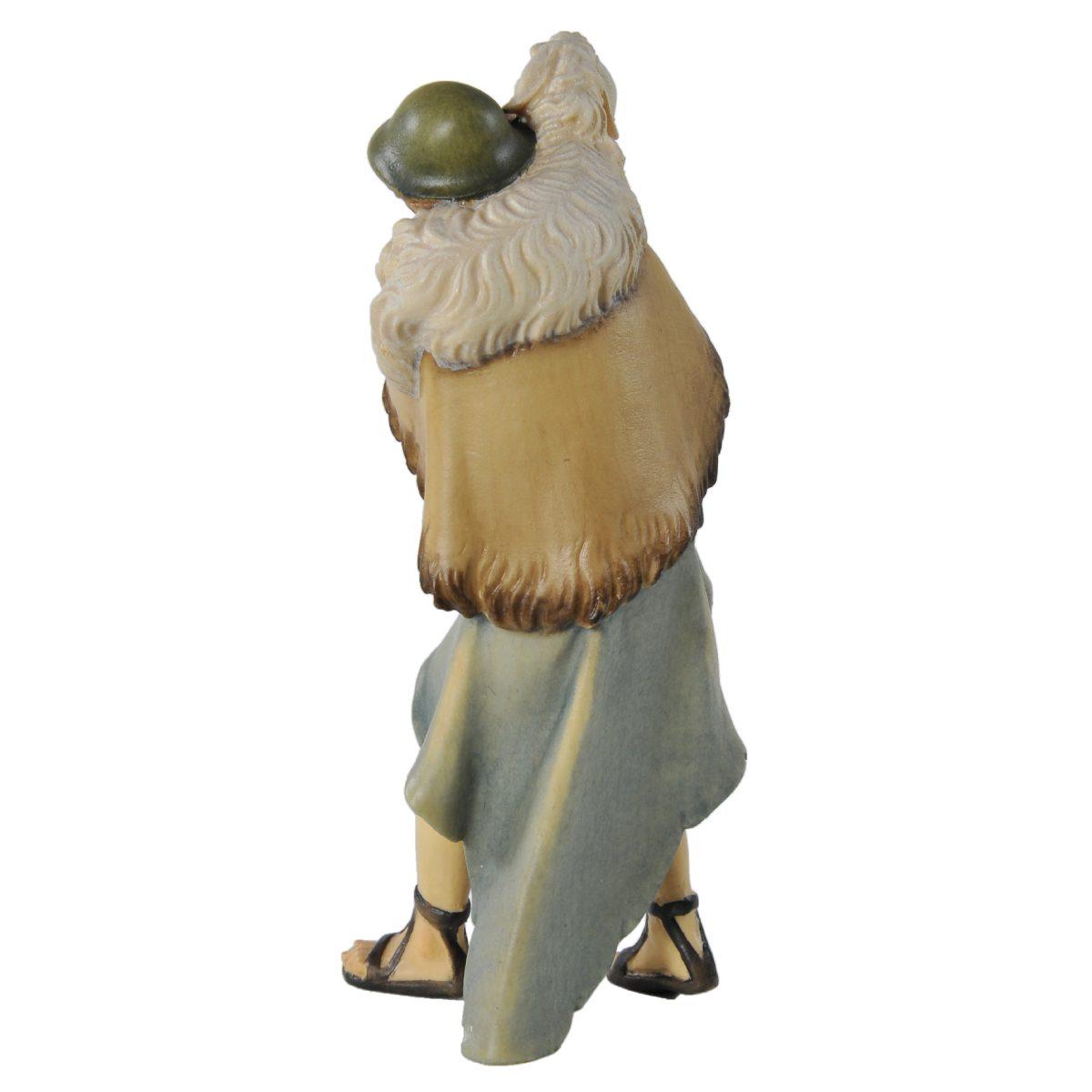 Statua presepe 15 cm scultura in legno pastore pecora sulle spalle