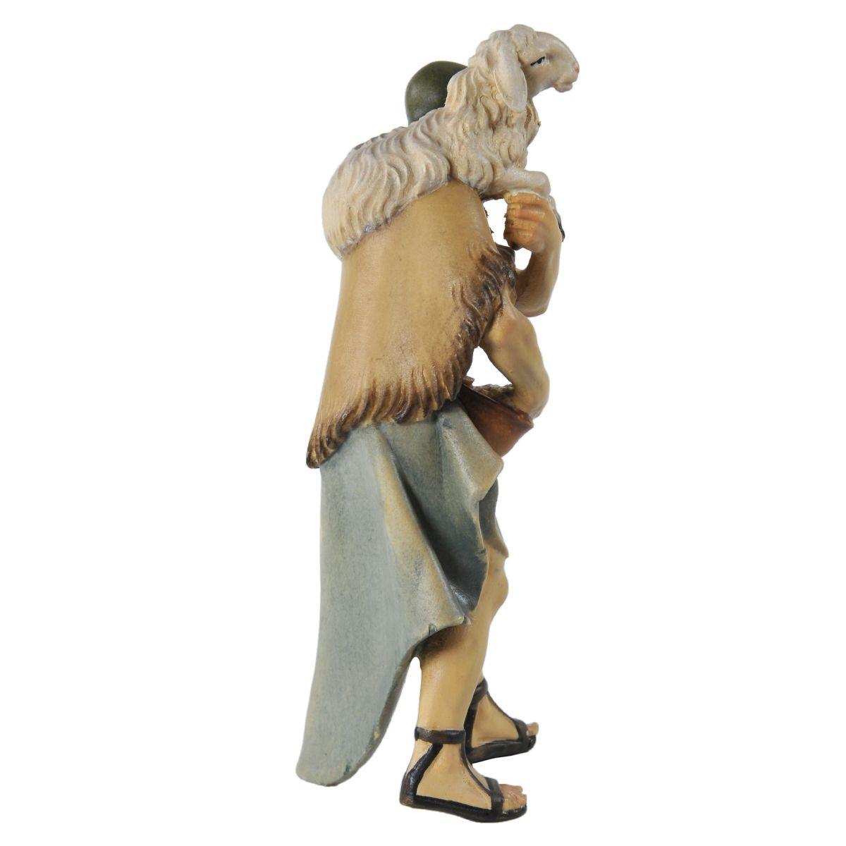 Statua presepe 15 cm scultura in legno pastore pecora sulle spalle