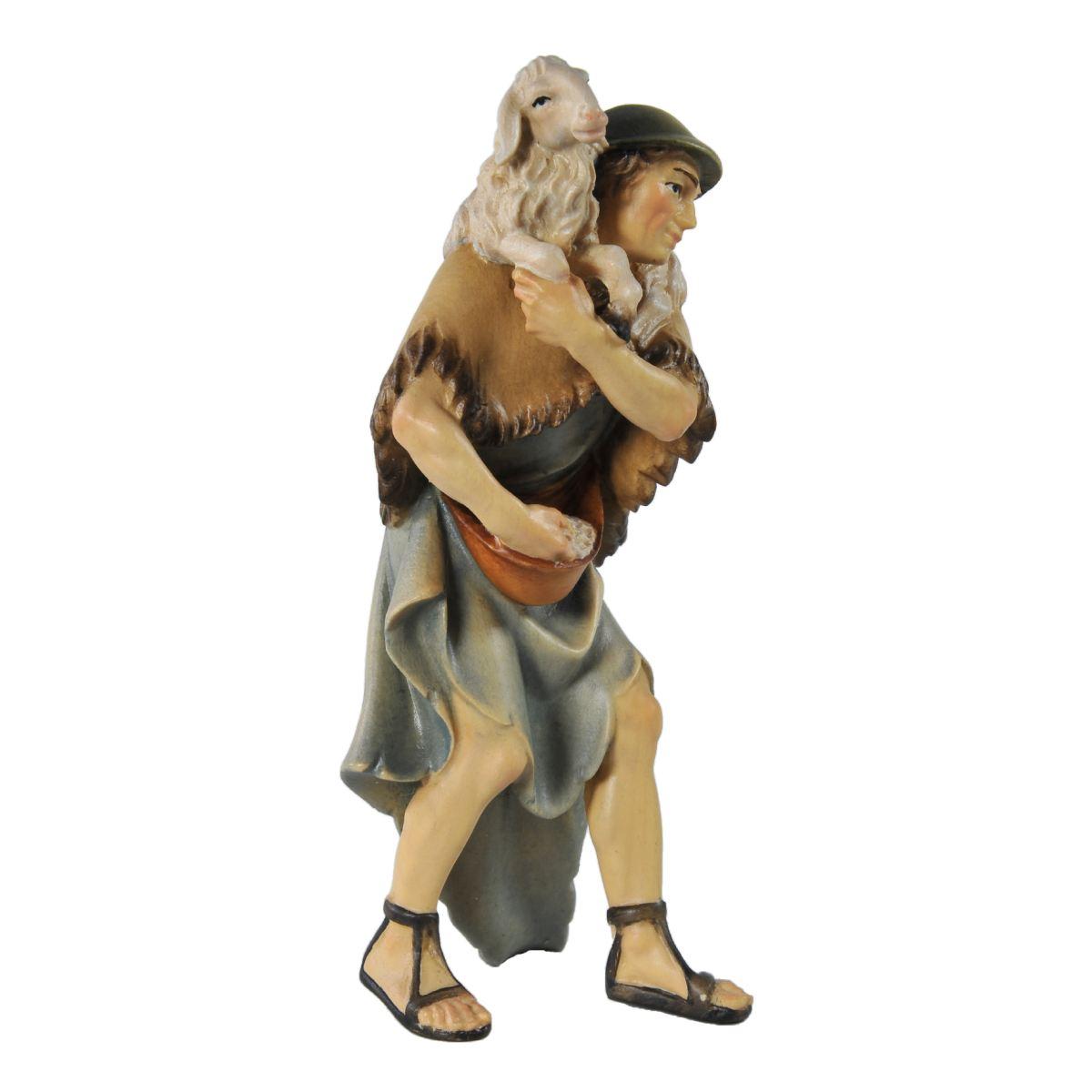 Statua presepe 15 cm scultura in legno pastore pecora sulle spalle
