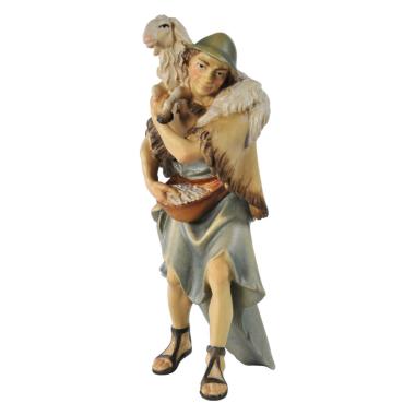 Statua presepe 15 cm scultura in legno pastore pecora sulle spalle