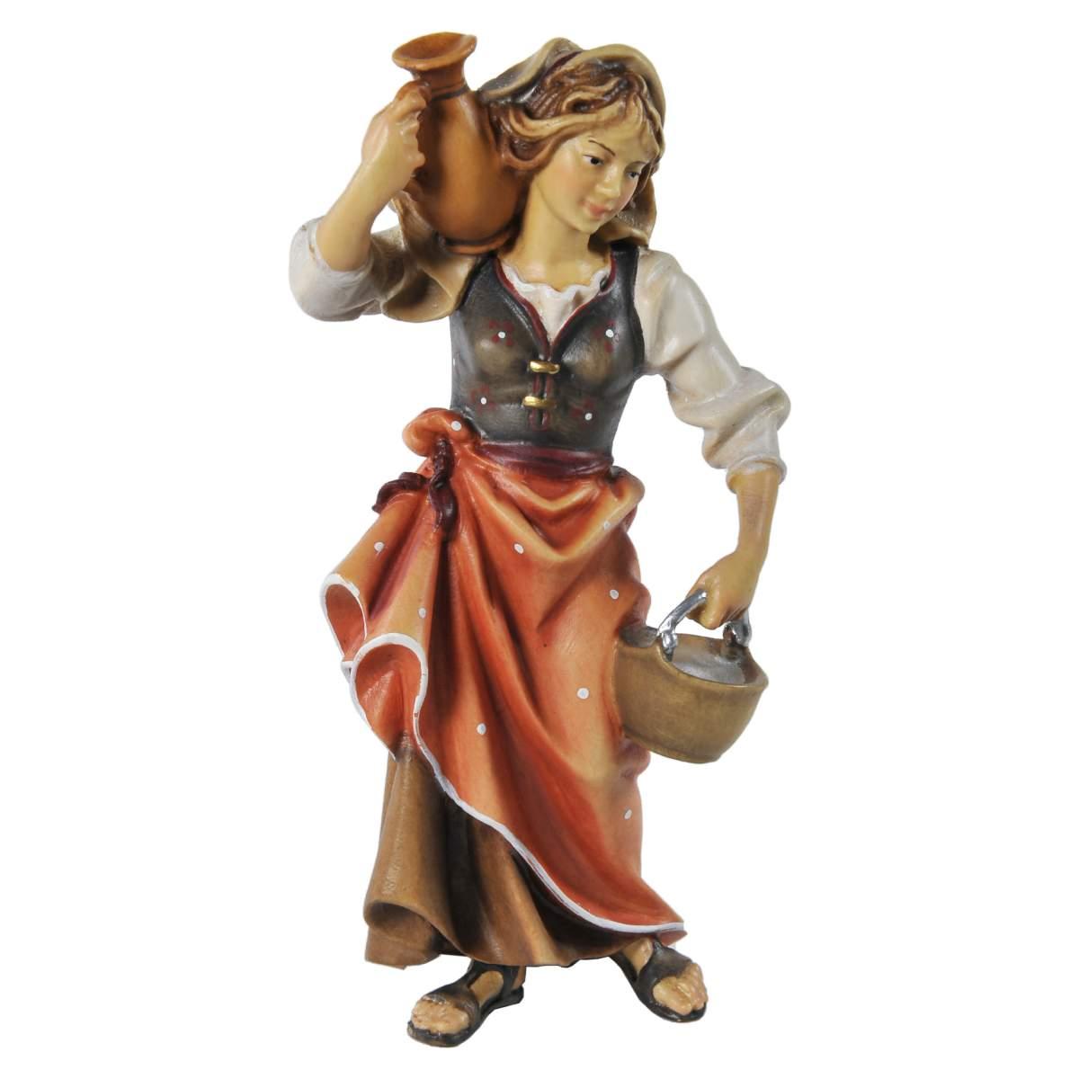 Statua presepe 15 cm scultura in legno donna brocca in spalla