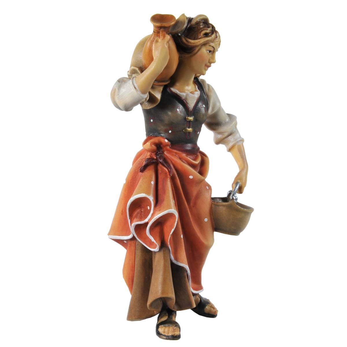Statua presepe 15 cm scultura in legno donna brocca in spalla