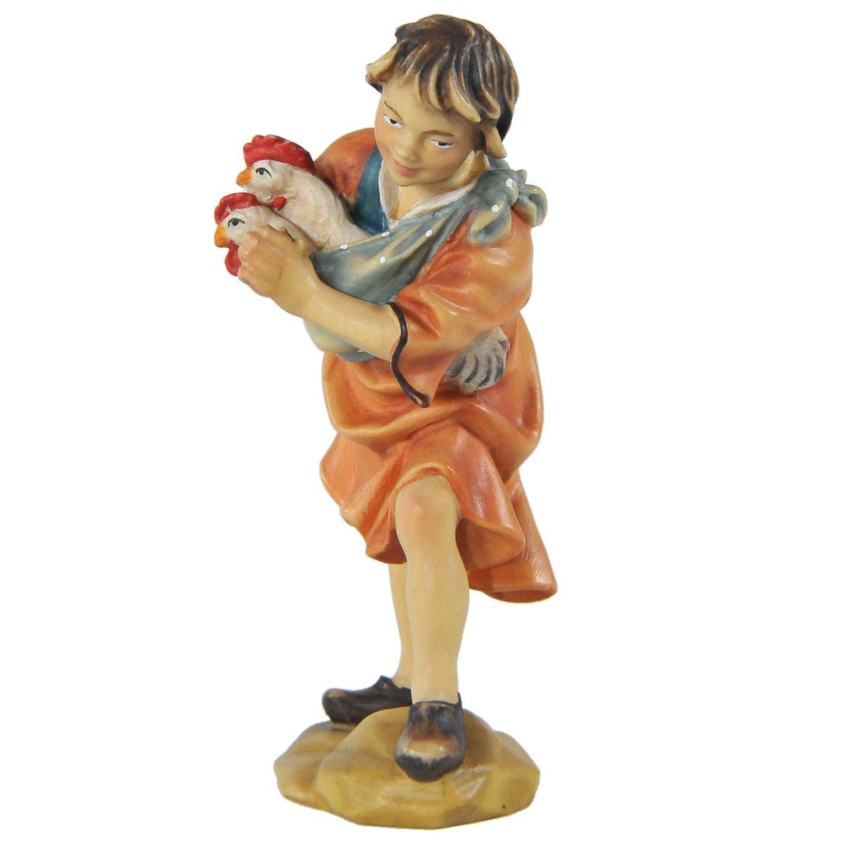 Statua presepe 15 cm scultura in legno pastorello galline in braccio
