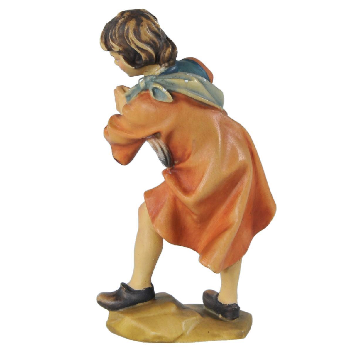 Statua presepe 15 cm scultura in legno pastorello galline in braccio