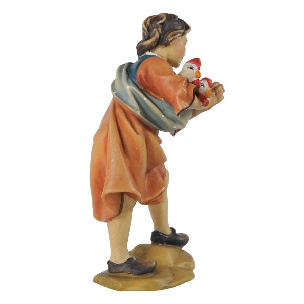 Statua presepe 15 cm scultura in legno pastorello galline in braccio