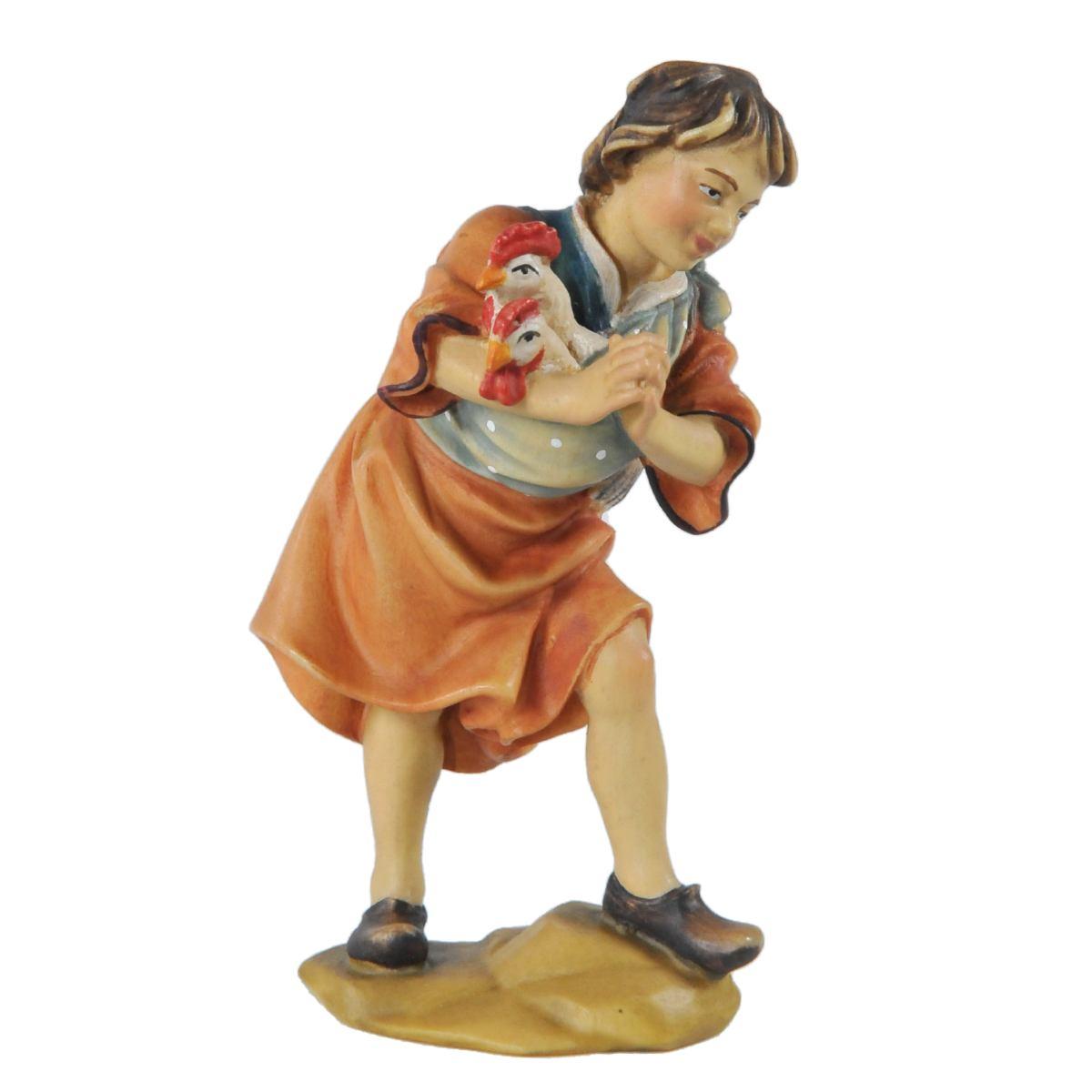 Statua presepe 15 cm scultura in legno pastorello galline in braccio