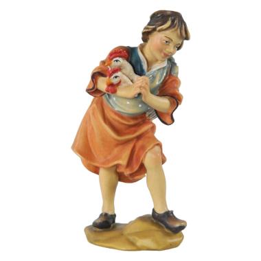 Statua presepe 15 cm scultura in legno pastorello galline in braccio