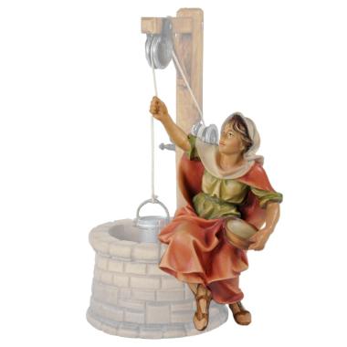 Statua presepe 15 cm scultura in legno donna al pozzo