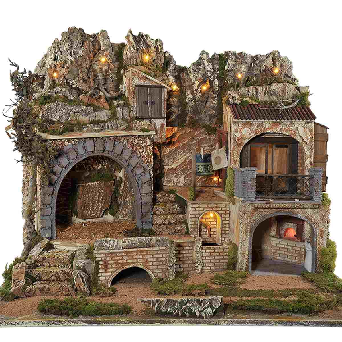 Diorama presepe luci fontana forno ambientazioni