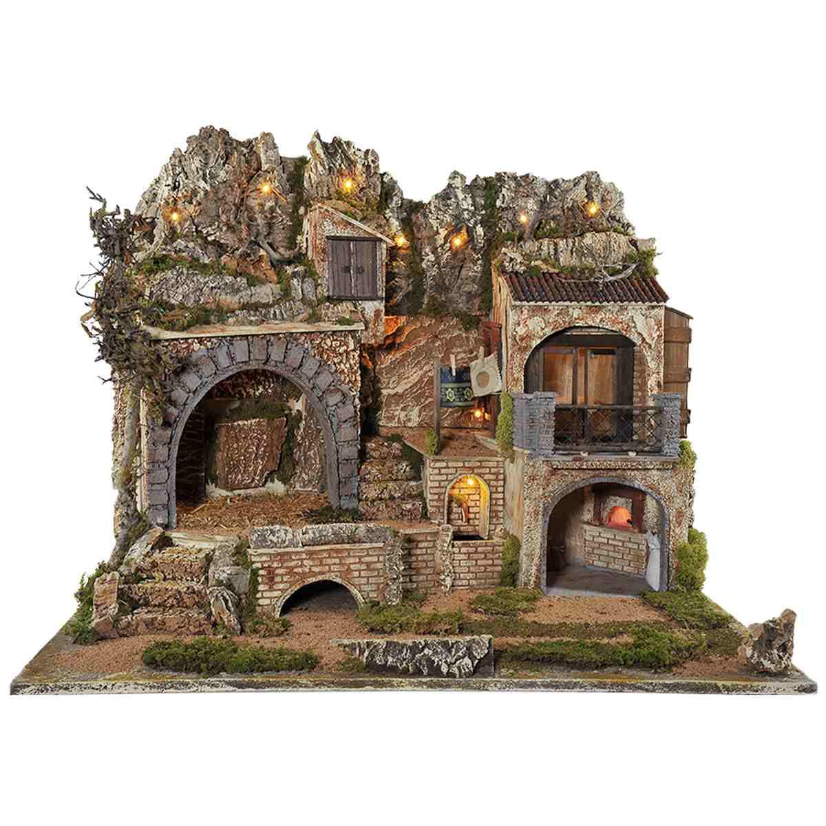 Diorama presepe luci fontana forno ambientazioni