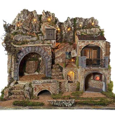 Diorama presepe luci fontana forno ambientazioni