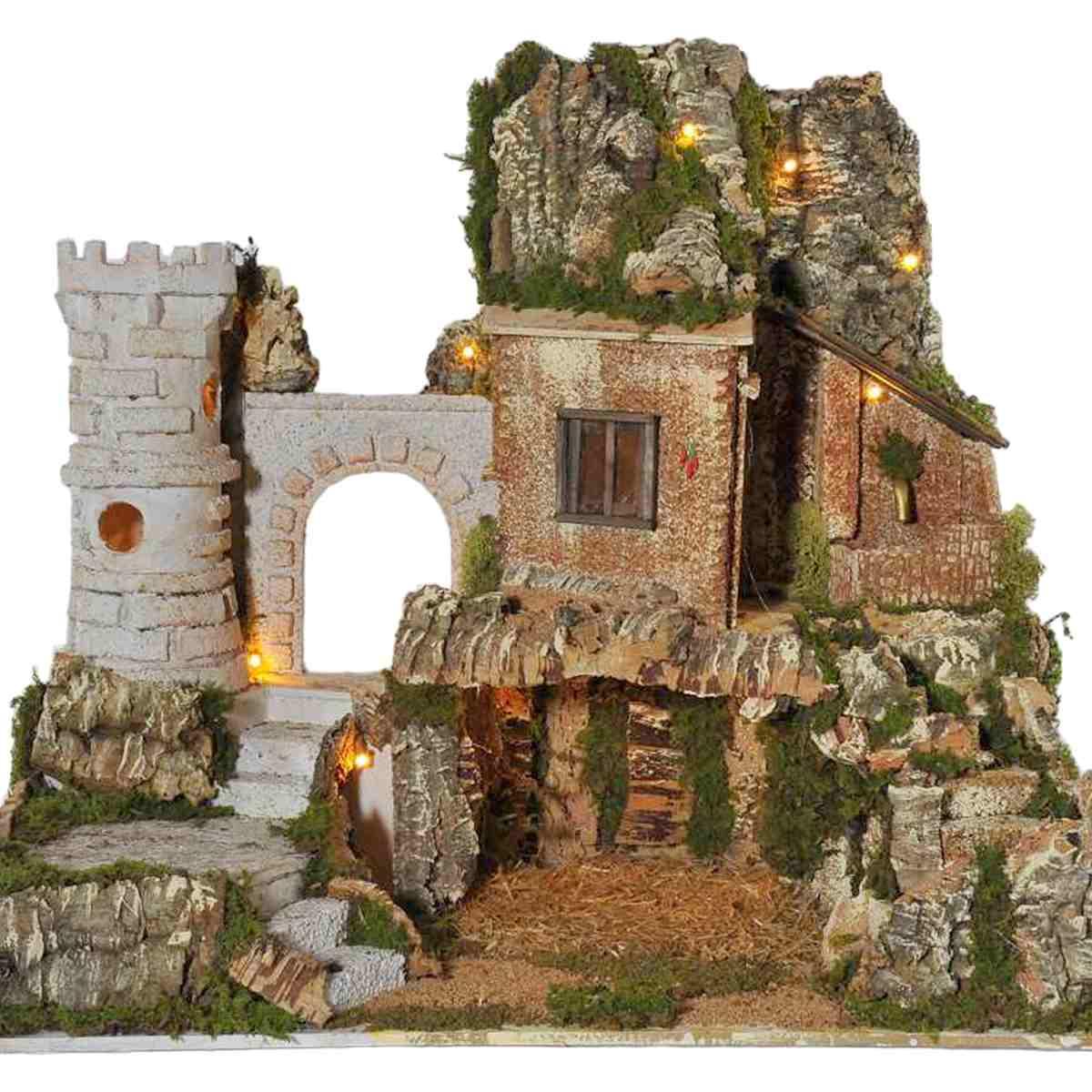 Diorama presepe luci torre fontana grotta pr16
