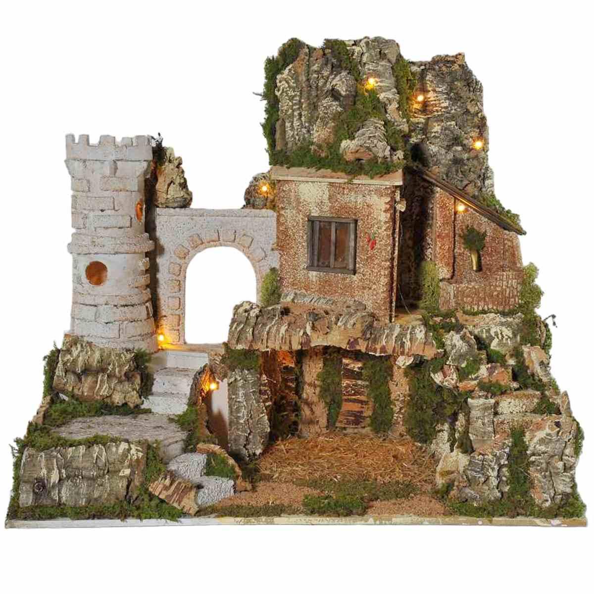 Diorama presepe luci torre fontana grotta pr16