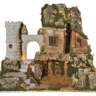 Diorama presepe luci torre fontana grotta pr16