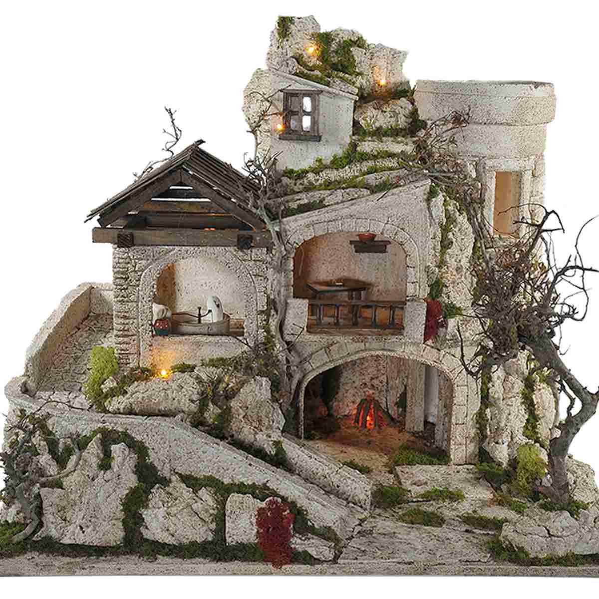 Diorama presepe luci macina grotta ambientazioni torre