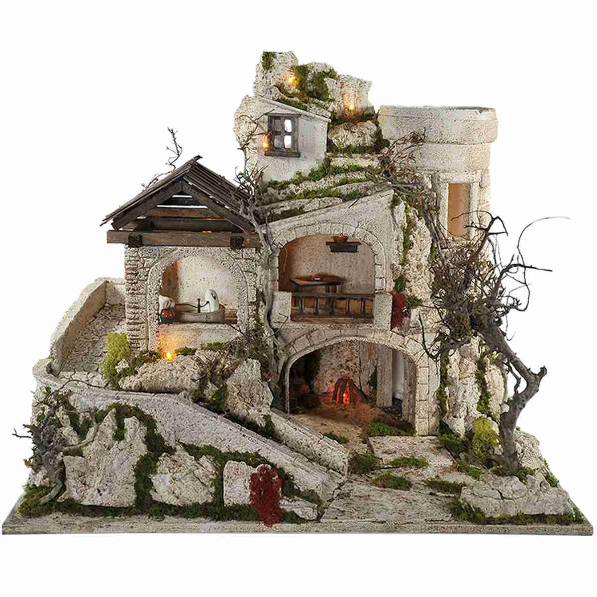 Diorama presepe luci macina grotta ambientazioni torre