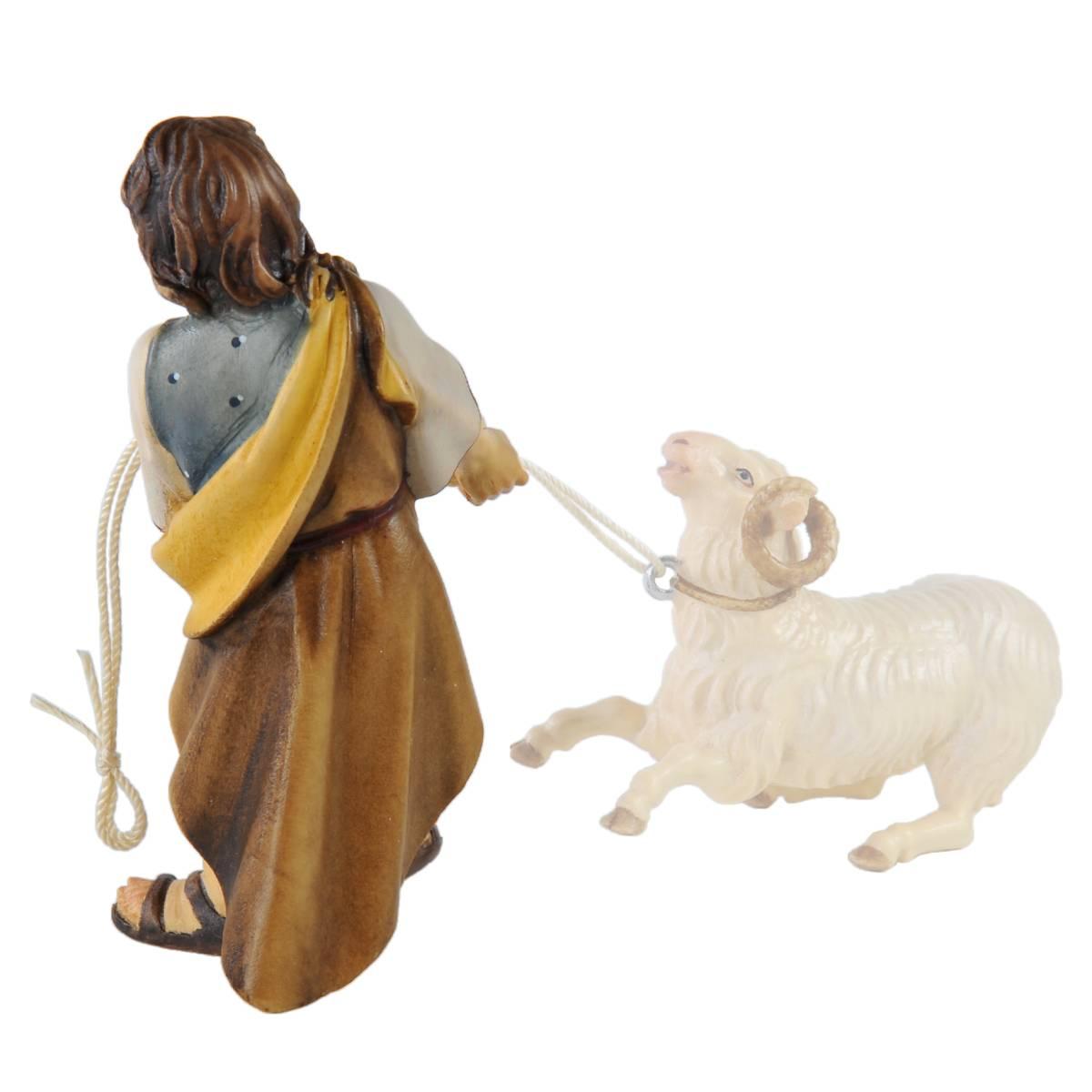 Statua presepe 15 cm scultura in legno pastorello che tira la fune