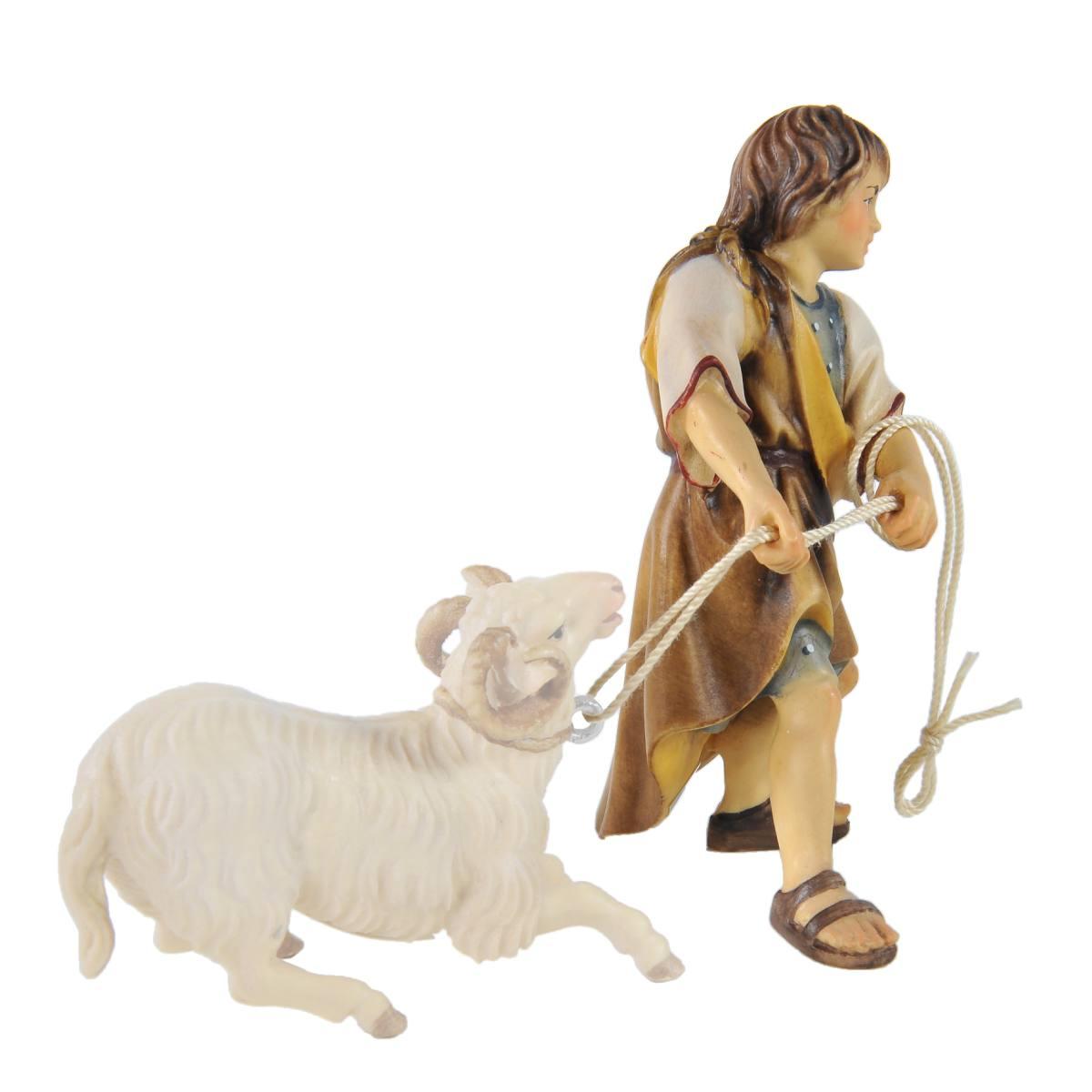 Statua presepe 15 cm scultura in legno pastorello che tira la fune