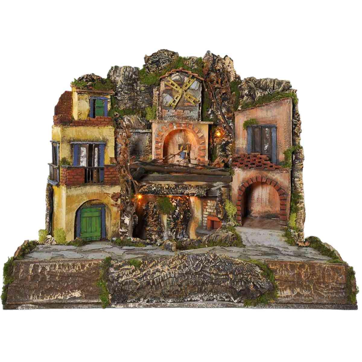 Diorama presepe luci napoletano fuoco mulino