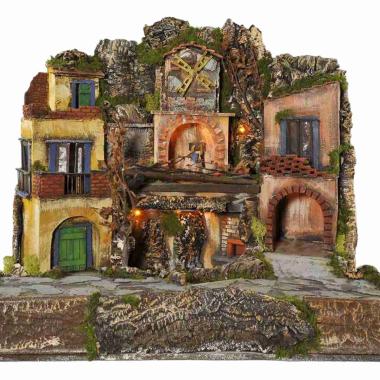 Diorama presepe luci napoletano fuoco mulino