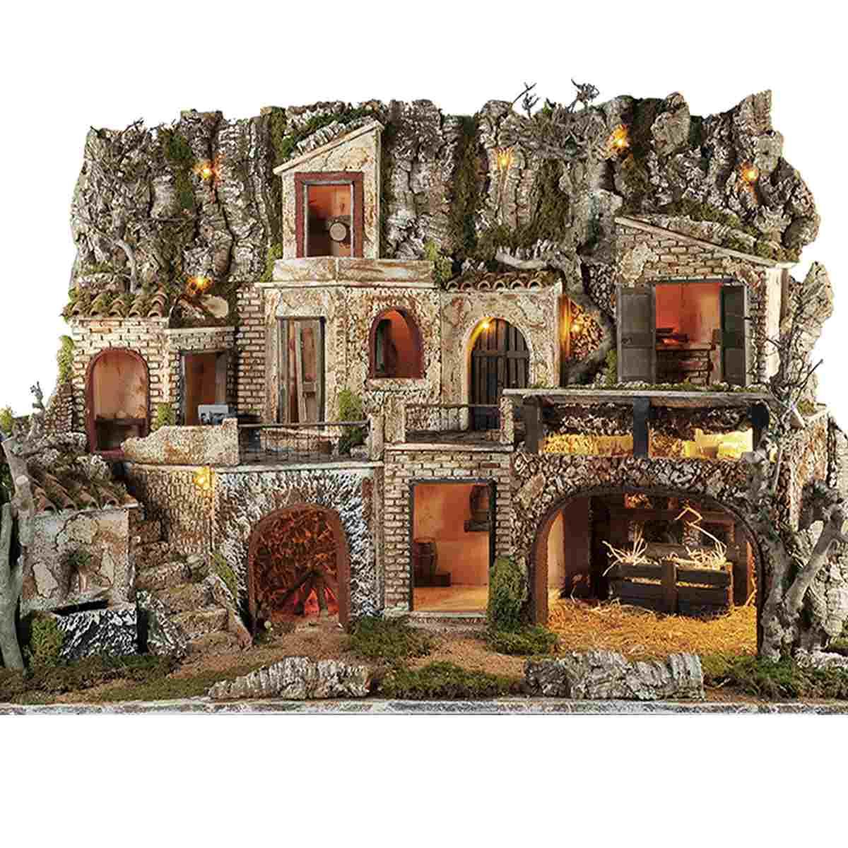 Diorama presepe luci capanna fontana