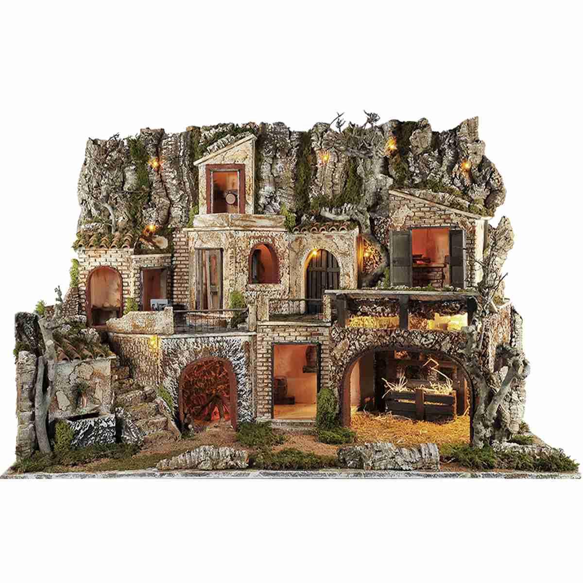 Diorama presepe luci capanna fontana