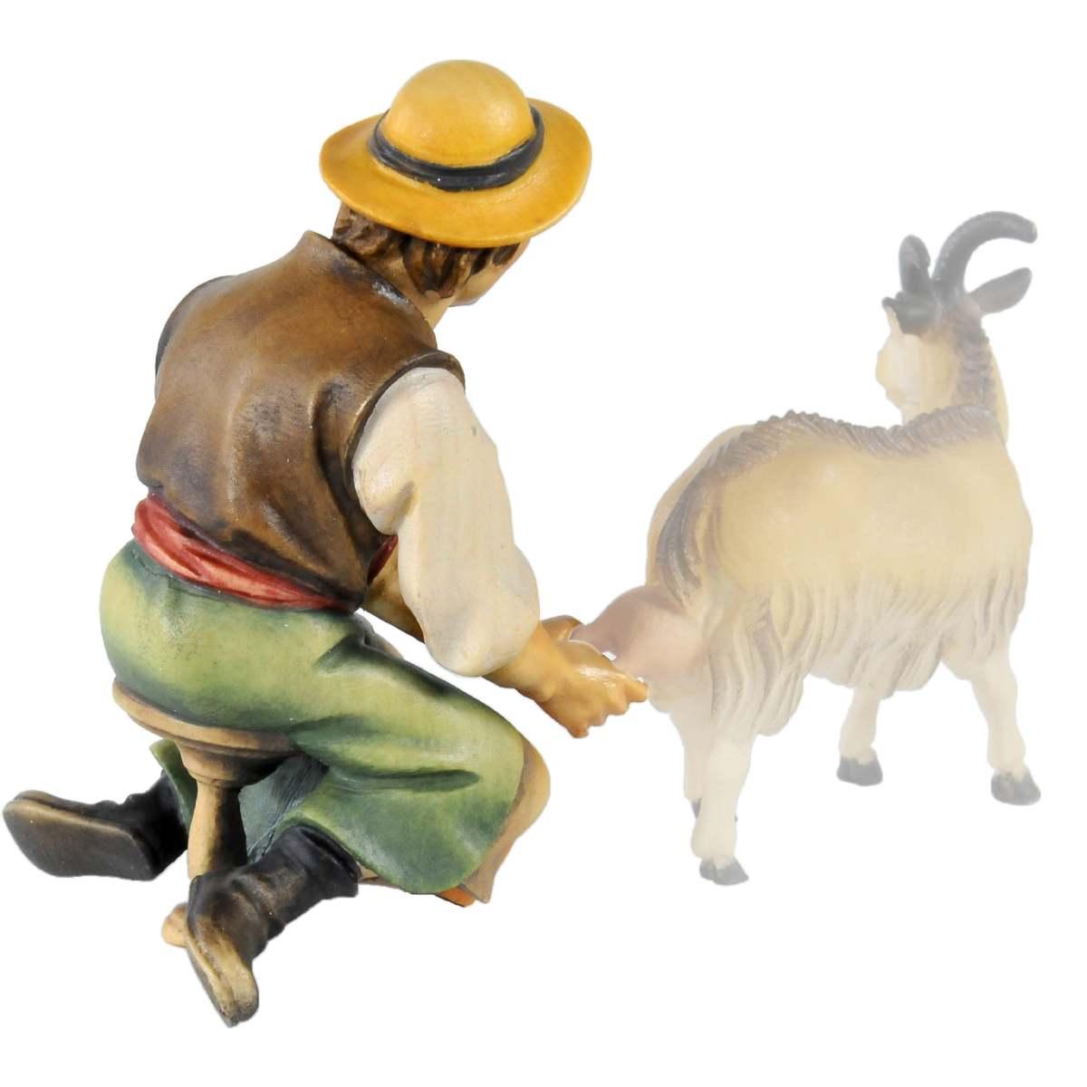 Statua presepe 15 cm scultura in legno pastore seduto che munge